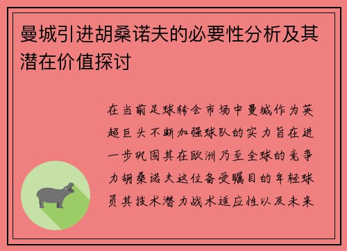 曼城引进胡桑诺夫的必要性分析及其潜在价值探讨 曼城引进胡桑诺夫的必要性分析及其潜在价值探讨