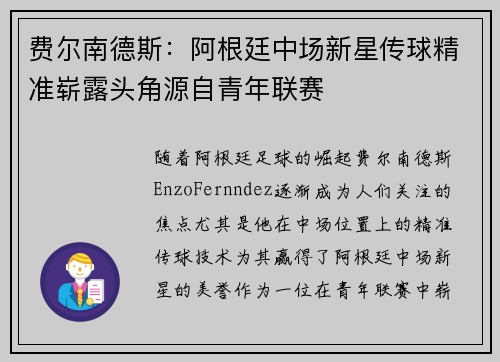 费尔南德斯：阿根廷中场新星传球精准崭露头角源自青年联赛